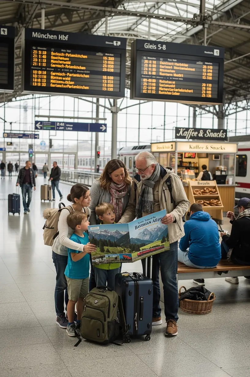 Nahaufnahme eines Zugfahrplans und einer Karte mit markierten landschaftlich reizvollen Zugstrecken in Deutschland.