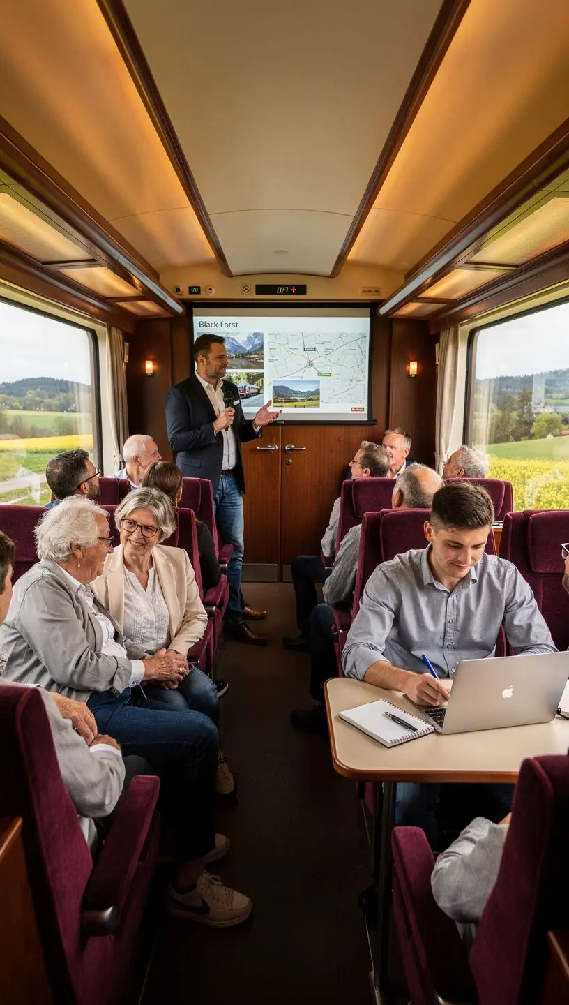 Sonnenuntergang über einer malerischen deutschen Stadt, gesehen vom Zugfenster während einer Abendfahrt.
